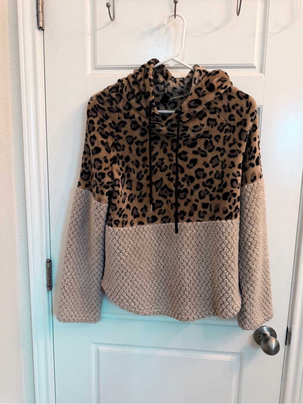 Leopard Colorblock Fleece Hoodie - Taupe/Black